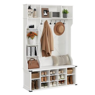 Вішалка для одягу, Шафа, Меблі для входу з полицею для взуття, Регульовані полиці, 20 відкритих відділень, 6 потрійних гачків, Сільський стиль, Окремостояча, Для вхідної зони, Коридор, Хмарно-білий HSR440W03