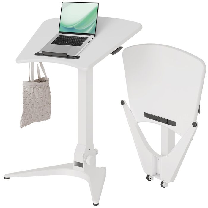 Мобільний стіл для ноутбука Claiks, регульована висота (FSC) 7545 см, складаний та з колесами для гнучкого домашнього офісу, верхня частина з нахилом 90, легкий та компактний, ідеально підходить для дивана, ліжка та крихітного офісу (білий), високоякісний