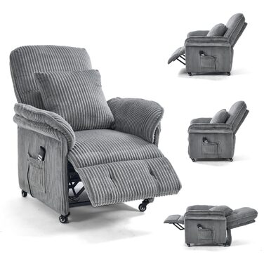 Моторне електричне крісло-реклайнер, крісло для телевізора з функцією відкидання, крісло для телевізора у вітальні з колесами, регульована спинка та підставка для ніг, 2 бічні кишені, вельветовий диван, світло-сірий, 2-