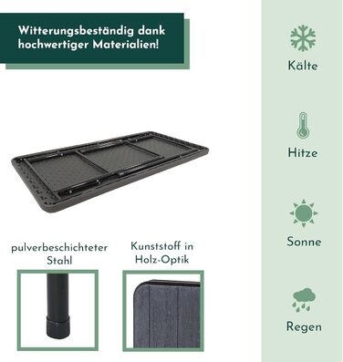 Розкладний стіл Lemodo зі стільницею під дерево, розкладний балконний стіл 120 x 60 см (Д x Ш), водонепроникний садовий стіл, чорний пластиковий стіл, балконний стіл до 6 осіб, розкладний стіл 120x60