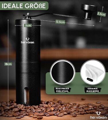 Ручна кавомолка HEI Vken з конічною кавомолкою - Регульований помел - Ручна кавомолка з нержавіючої сталі для дому та в дорозі