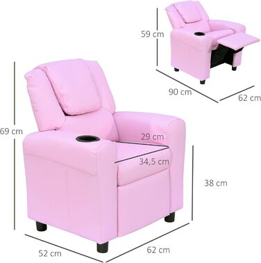 Дитячий диван HOMCOM, Дитяче крісло з підставкою для ніг, підлокітниками, підставками для чашок, регульованою спинкою, розкладний диван, Дитячий диван, Крісло для відпочинку, Дитячий диван для хлопчиків та дівчаток 3-6 років, Рожевий
