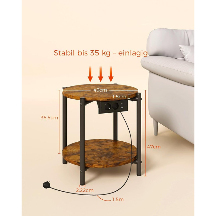 Круглий бічний столик IRONCK, журнальний столик з розеткою, невеликий дерев&39яний столик, стіл для вітальні з 2 полицями, столик-диван, порт USB та Type-C, металевий каркас, тумбочка для спальні (вінтажний коричневий, )