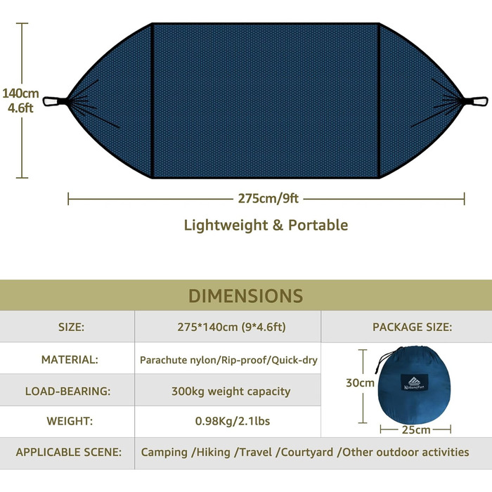 Туристичний кемпінг-гамак NatureFun преміум-класу з москітною сіткою з максимальною вантажопідйомністю 300 кг, дихаючий швидковисихаючий нейлон 2 карабіни та 2 стропи в комплекті