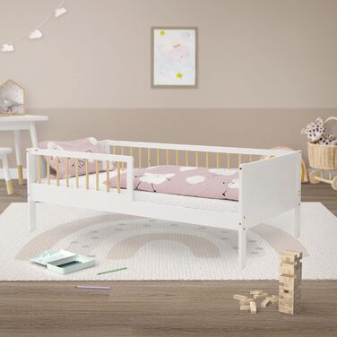 Дитяче ліжко ML-Design 80x160 см Біло-Натуральний, Односпальне ліжко для дітей з рейковою основою та захистом від падіння, Дитяче ліжко з сосни, Дерев&39яний каркас ліжка для хлопчиків та дівчаток, Дитяче ліжко з масиву дерева, Ліжко для малюків 80 x 160 