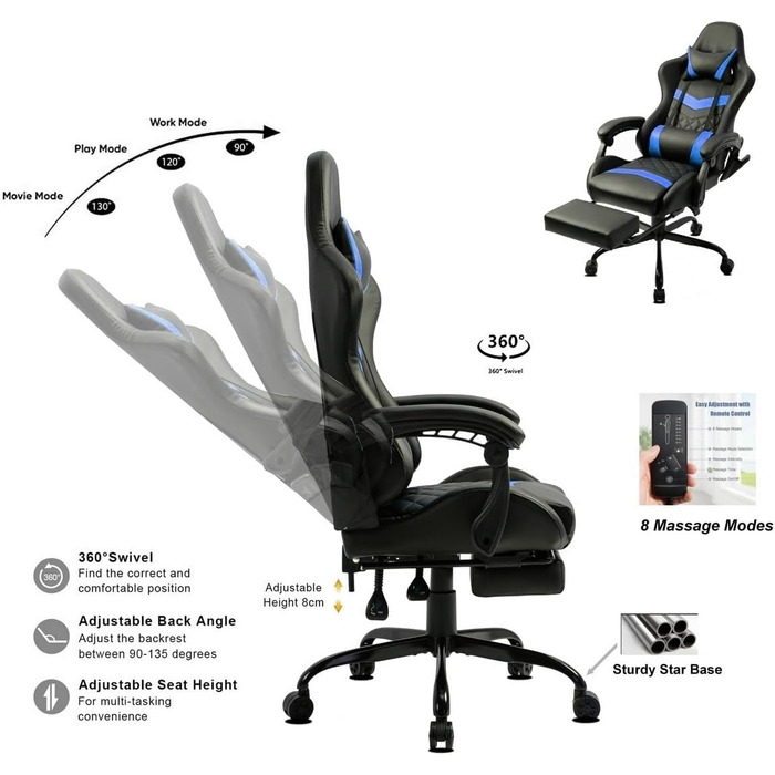Ігрове крісло Delman, гоночне крісло, офісне крісло, комп&39ютерне крісло, масажне крісло з 6 точками вібрації, крісло керівника, штучна шкіра, ергономічна підставка для ніг 12-0037 (синє)