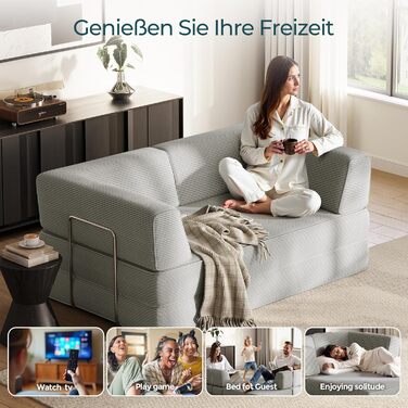 Розкладний диван LINSY HOME - Розкладний диван-ліжко з підлокітником та подушкою для спини - Розкладний диван-ліжко, ширина 160 см - Стиснутий диван у коробці - Вельветова тканина для вітальні, спальні, сірий колір, ширина 1,6 м