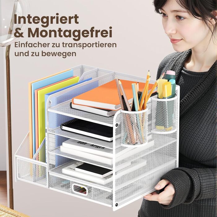 Рівневий сітчастий органайзер для столу з шухлядою, лотками для файлів та тримачами для ручок - рішення для зберігання офісного та художнього приладдя для паперу для малювання, сортувальника олівців, тримача для журналів (білий), 5-