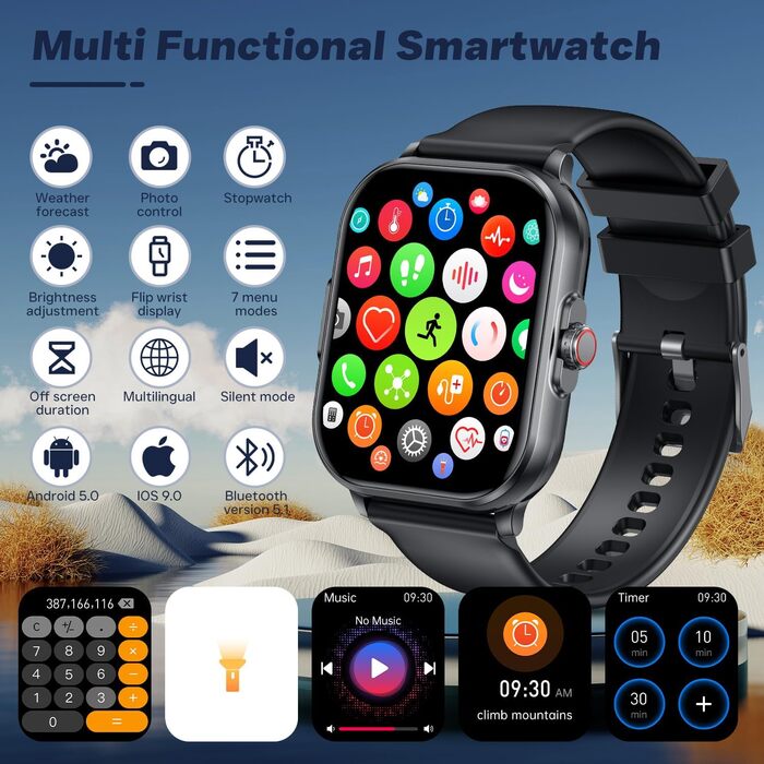 Чоловічий смарт-годинник з ЕКГВСР Кров&39яний тиск Розумний годинник для здоров&39я Водонепроникний фітнес-годинник Функція серцевого ритму 2.0-дюймовий TFT квадратний великий дисплей наручний годинник чорний