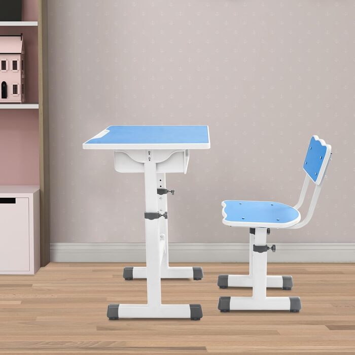 Дитячий письмовий набір, дитячий стіл з регульованою висотою (стіл 64-76 см, стілець 36-42 см), стіл з гачками, шухлядою та лотком для ручок для дітей віком 3-18 років, навчання письму та малюванню (синій, білий)