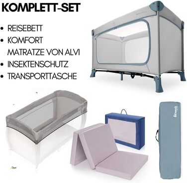 Дитяче ліжечко Hauck Dream n Play Plus з матрацом та москітною сіткою - Складане дитяче ліжечко з сумкою та великим входом - Пильно-блакитний