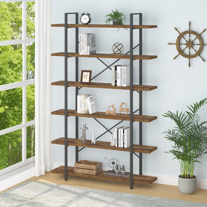 Дерев&39яна книжкова полиця HSH, 6-ярусна окремостояча полиця, промисловий дизайн офісної полиці, відкриті полиці для вітальні, офісу, спальні, кухні, рустикальний коричневий колір, 120 x 32 x 216 см, 6 ярусів