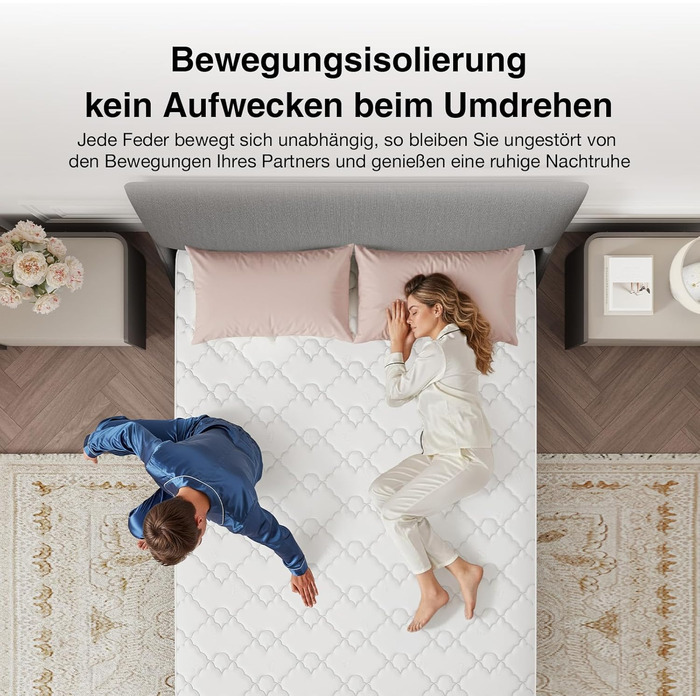 Матрац Novilla 140x200 см 7-зонний пружинний матрац Pocket Spring Висота 20 см Рівень жорсткості H3 Сертифіковано Oeko-Tex Дихаючий та стабільний розмір 20 см 140 x 200 см