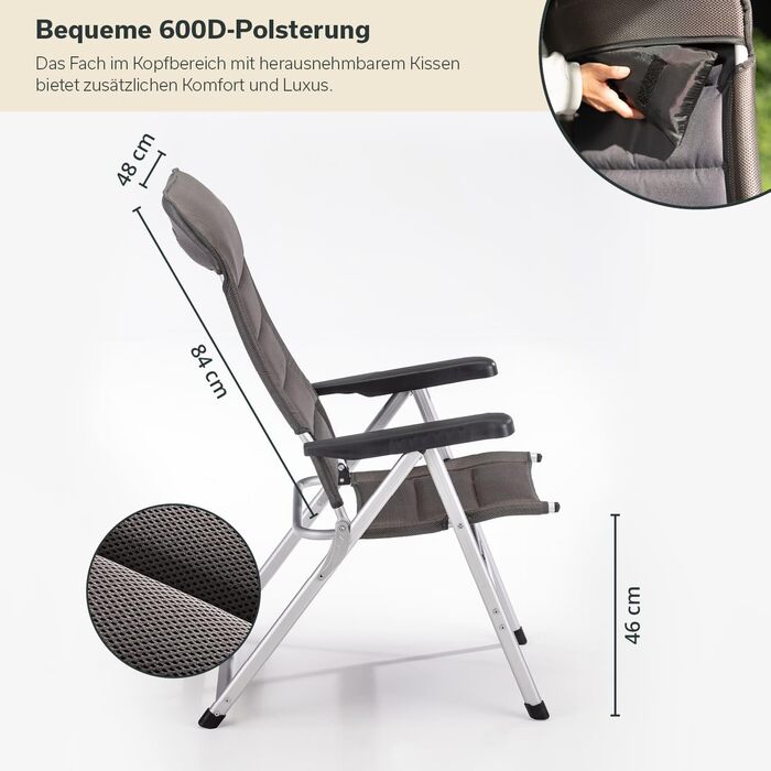 Складаний стілець Skandika Lepola Складаний кемпінговий стілець з алюмінію, алюмінієвий садовий стілець, регульована спинка в 7 положеннях, вантажопідйомність 180 кг, складний, висока спинка, підголівник Кемпінг, сад, комплект з 2 шт.