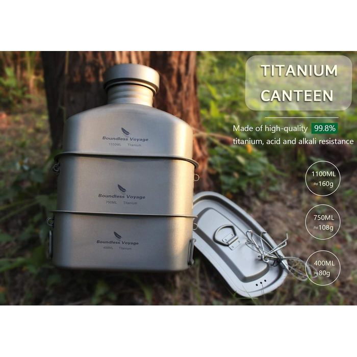 Військова фляга Boundless Voyage з титановими сумками та камуфляжними сумками, набір кемпінгових каструль у формі нирки з великою місткістю, кришкою та ланцюгом для підвішування Ti15158Br