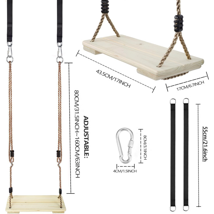 Дерев'яні гойдалки KINSPORY, садові гойдалки з регульованою конопляною мотузкою, для внутрішнього та зовнішнього використання, сид