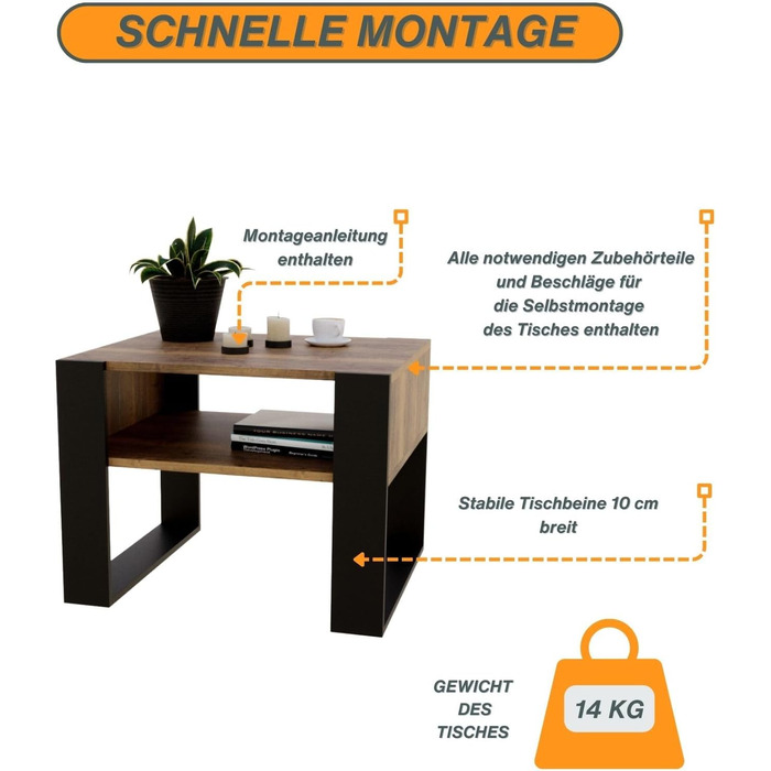 Журнальний столик для вітальні з високоякісної деревини, міцний та сучасний журнальний столик з додатковим місцем для зберігання, ретро-чорний колір, прямокутний, 53,6 Г x 65 Ш x 45 В см.