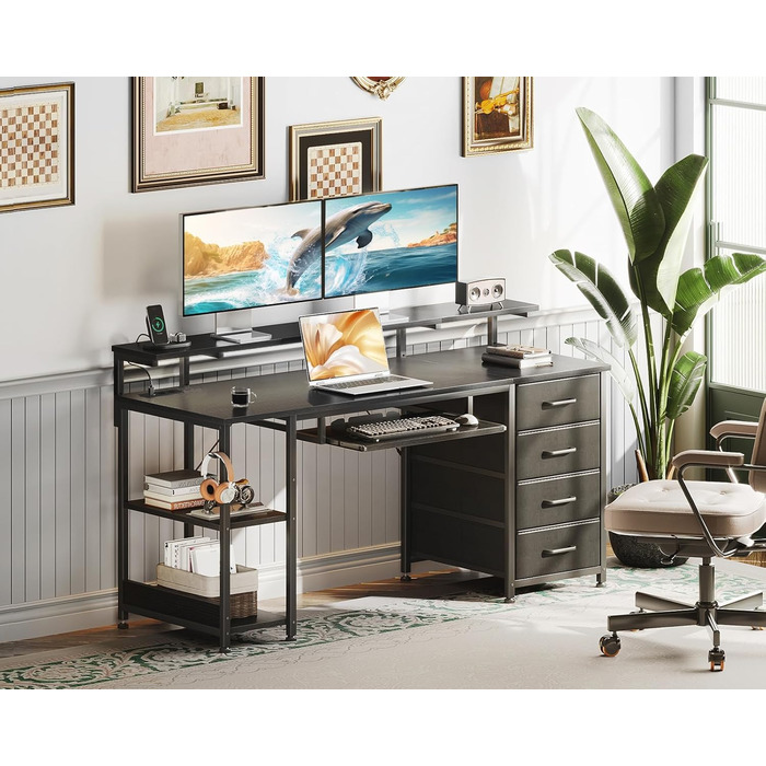 Комп&39ютерний стіл ODK з 4 шухлядами, 140x52x92 см, 2 розетки та 2 порти зарядки USB, ПК-стіл з полицею, ігровий стіл з підставкою для клавіатури для офісу, вітальня, чорний 140x52 см, чорний