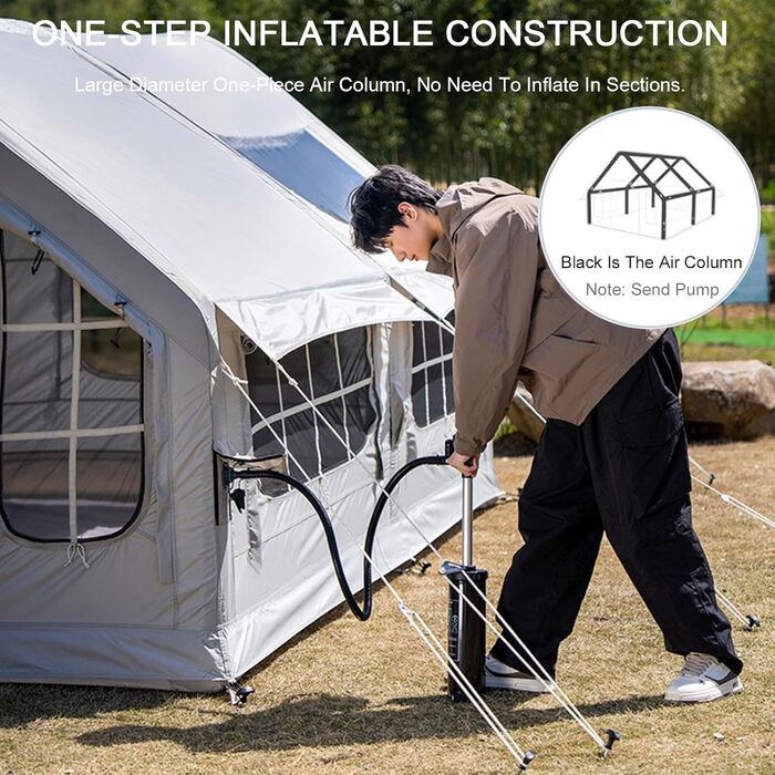 Зимовий надувний намет-будиночок XXL, сімейний намет на 6-8 осіб, надувний кемпінговий намет з насосом, 4-сезонний розкладний намет, великий XXL намет для вулиці з димоходом, сірий, 385x260x200 см