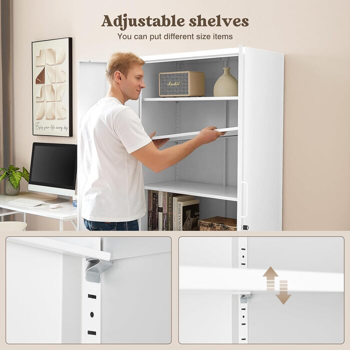 Шафа для документів, шафа для зберігання із замком, сталева шафа, сталева шафка, багатоцільова шафа, металева шафа з 2 дверима для офісу, дому, гаража, спортзалу, школи, 170x78x39 см, білий