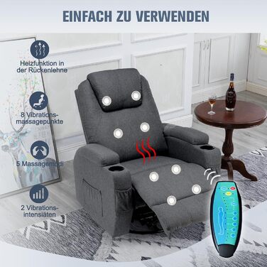 Крісло для телевізора, відкидне крісло, масажне крісло з функцією підігріву та вібрації, пульт дистанційного керування, поворот на 360, лляно-сірий колір
