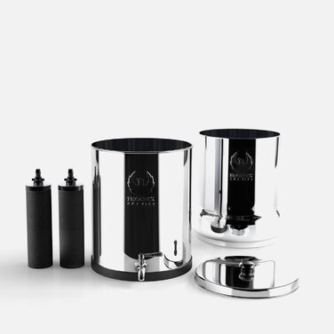 Літровий гравітаційний фільтр для питної води та очисник із нержавіючої сталі з 2 картриджами Phoenix Carbon для води, краном із нержавіючої сталі та пляшкою для води з підставкою з тикового дерева., 6-