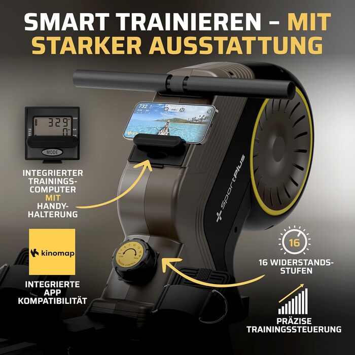 Складаний гребний тренажер SportPlus для домашнього використання - домашній тренажер з 8 рівнями опору - тиха магнітна гальмівна система, чорний/сонячний (новий дизайн)