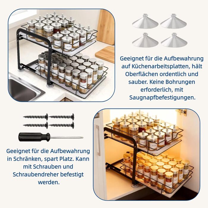 Розсувна 2-рівнева підставка для спецій, стояча шухляда для спецій, регульований по висоті органайзер для спецій з ПВХ-вставкою та присоскою, органайзер для кухонної шафи, стоячий, нековзний (28x24x23 см) 28*24*23