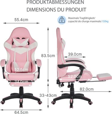 Шкіряне ігрове крісло, поворотне на 360 та ергономічне, з підголівником, поперековою опорою та підставкою для ніг, рожево-біле