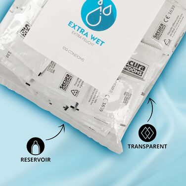 Презервативи Secura Extra Wet 100 - 100 презервативів з екстра-зволоженою структурою для чоловічої контрацепції без гормонів, надзвичайно слизькі