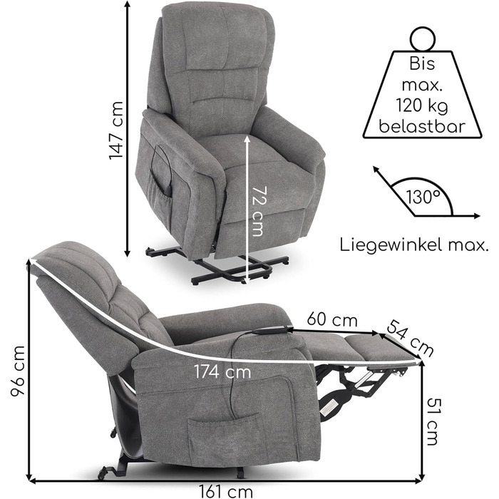 Крісло під телевізор Raburg з підйомником, електричне відкидне крісло з 1 двигуном та пультом дистанційного керування, безступінчасте регулювання, комфортна піна та пружинна основа з кишенькового блоку, мікрофібра, 120 кг Janik Сіра мікрофібра