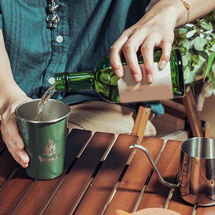 Набір стаканчиків з нержавіючої сталі для використання на відкритому повітрі, 4 предмети, металеві стаканчики харчового класу 304, об&39ємом 350 мл, що складаються один на одного, з сумкою для перенесення, для пікніків, подорожей (зелені)