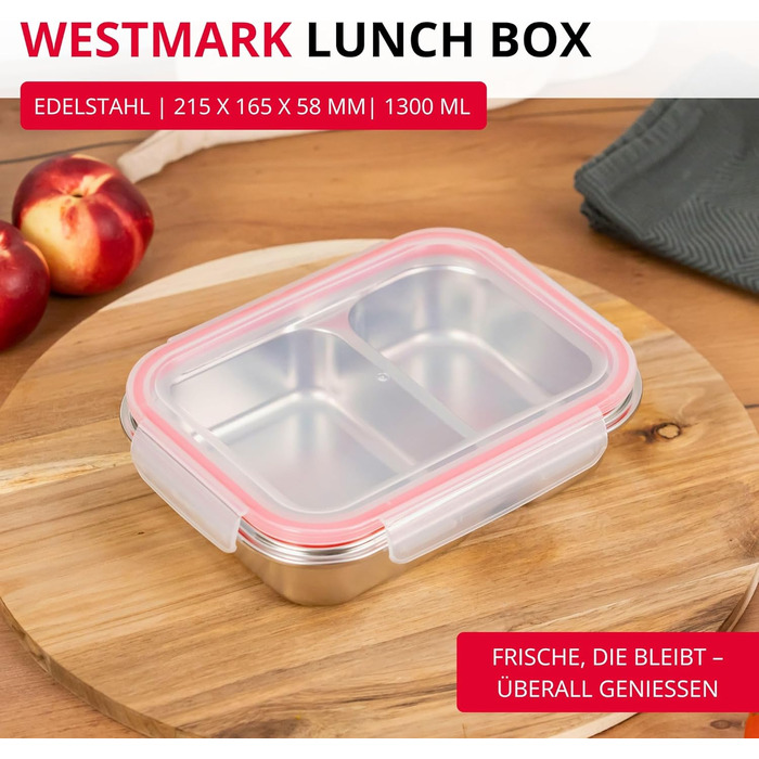 Ланчбокс Westmark Edelstahl Непротікаючий контейнер для сніданку Підходить для мікрохвильової печі та духовки, не містить BPA Бенто-бокс для школи, роботи та дитячого садка Сріблястий, розділений 450 280 мл, 450 280 мл