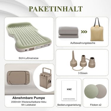 Надувний матрац KMZ для позашляховиків із вбудованим повітряним насосом, товстіший флок, самонадувальний, портативний надувний матрац для позашляховиків, мінівенів, кемпінгу, використання на свіжому повітрі, швидке надування та здування