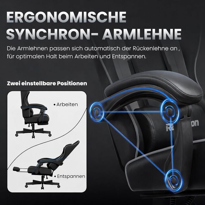 Ігрове крісло - Ергономічне ігрове крісло з підставкою для ніг, підголівником та поперековою опорою, регульоване по висоті, м&39яке, вантажопідйомність 150 кг, чорно-сіре