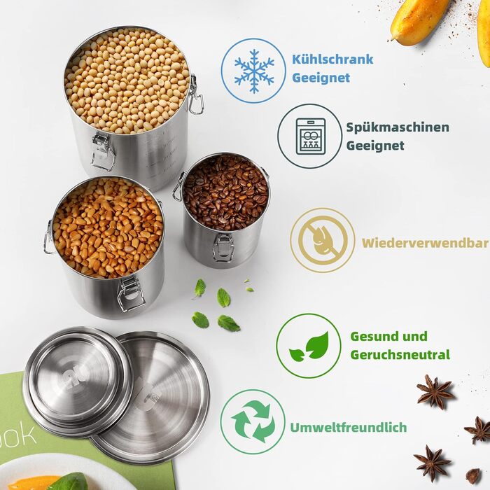 Контейнери для зберігання з нержавіючої сталі Nicelock, набір з 3 шт. , з кришками, герметичні кавові каністри, контейнери для зберігання продуктів, легкий та гігієнічний матеріал - набір з 3 предметів з нержавіючої сталі на 500 мл, 1000 мл та 1600 мл (52