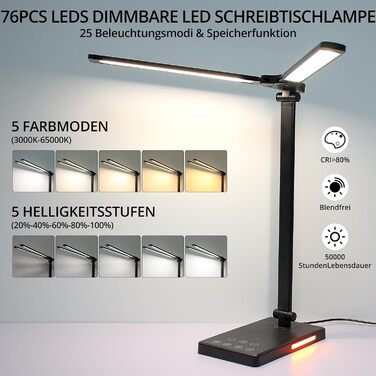 Світлодіодна настільна лампа iVict Dual Arm з нічником, сенсорним керуванням, 5 режимами освітлення, функцією заряджання USB, тайм