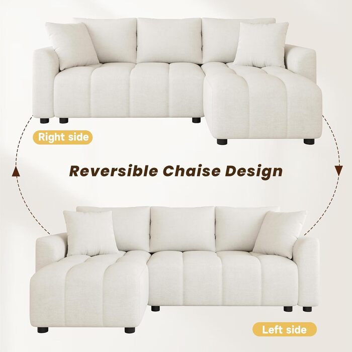 Місний диван BTM, розкладний L-подібний кутовий диван з 2 шениловими подушками, шезлонг, L-подібний диван для вітальні, бежевий S4beige, 3-