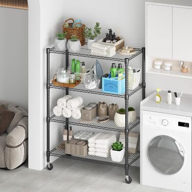 Рівнева дротяна полиця Himimi з колесами та ніжками, регульована по висоті, металева полиця для зберігання для кухні, ванної кімнати, спальні, вітальні, вантажопідйомність 500 кг, 90 * 45 * 183 см, чорна, 4-