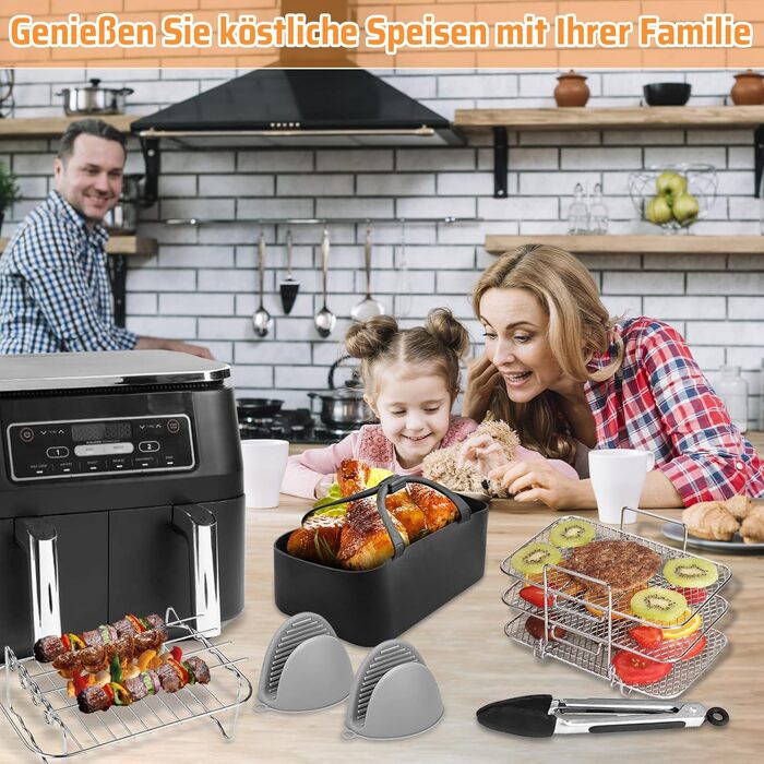 Набір аксесуарів для фритюрниці з 9 предметів для Ninja Foodi Dual AF300EU, AF400EU, Princess 182068, включаючи силіконову вставку для фритюрниці та решітки для фритюрниці тощо, аксесуари для фритюрниці з подвійними кошиками 7.6 л-9.5 л тип A