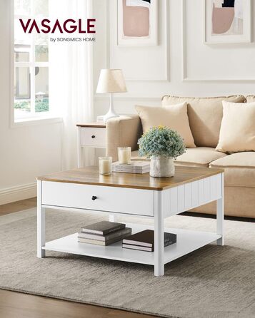 Журнальний столик VASAGLE, стіл для вітальні, диван-столик, 2 великі шухляди, з ніжками, багато місця для зберігання, морський стиль, 80 x 80 x 45 см, для вітальні, горіхово-коричневий-білий LCT207T14