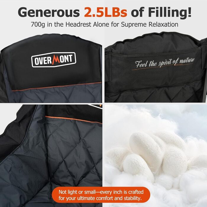 Розкладне крісло/диван для кемпінгу великого розміру - Витримує до 204 кг - Складане крісло для кемпінгу, з м&39якою підкладкою, тримачем для напоїв, кишенею-холодильником, високою спинкою для використання на вулиці/в приміщенні/в саду, чорне, одномісне