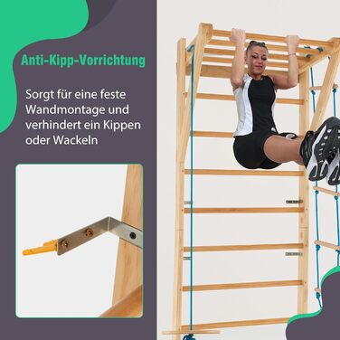 Дерев&39яна стіна для скелелазіння GYMAX, стіна для скелелазіння в приміщенні для дорослих та дітей, гімнастична стіна з турніком, мотузковими сходами та трапецією, стіна для фітнесу, вантажопідйомність до 100 кг, шведські сходи для домашнього використанн