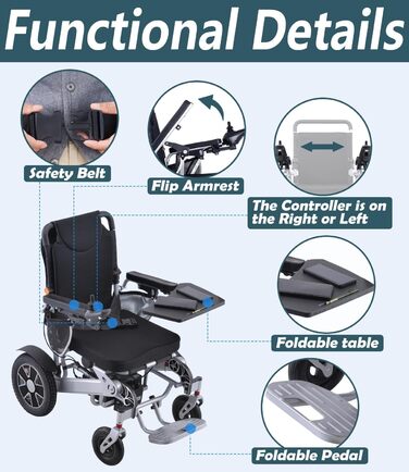 Портативні електричні інвалідні коляски Broobey для дорослих, легкі електричні інвалідні візки зі складною опорою 150 кг, електричні інвалідні візки для людей похилого віку, 30 км далекого радіусу дії (акумулятор 20 Ач) 20 Ач-Срібло
