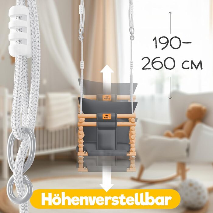 Дитячі гойдалки Дитячі гойдалки Сидіння гойдалки з м'якою оббивкою Дерев'яні гойдалки з захистом від перекидання до 60 кг Регульов