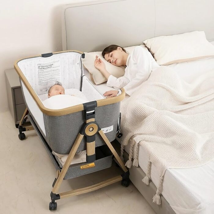 Дитяче ліжечко Maydolly 3-в-1 Універсальне ліжечко, дорожнє ліжечко та колиска, включаючи матрац та москітну сітку Регульована висота за допомогою коліщаток, складається та з сумкою для перенесення Сірий/сірий