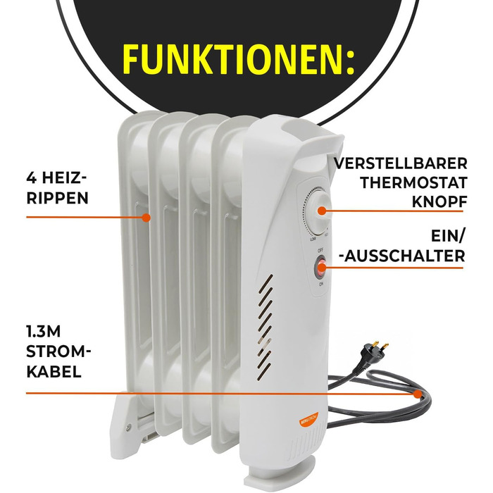 Х PAGEN Міні-електричний радіатор з регулятором температури потужність нагріву 500 Вт портативний масляний радіатор для рівномірного нагрівання компактний та потужний електричний обігрівач із захистом від перекидання та перегріву, 3-