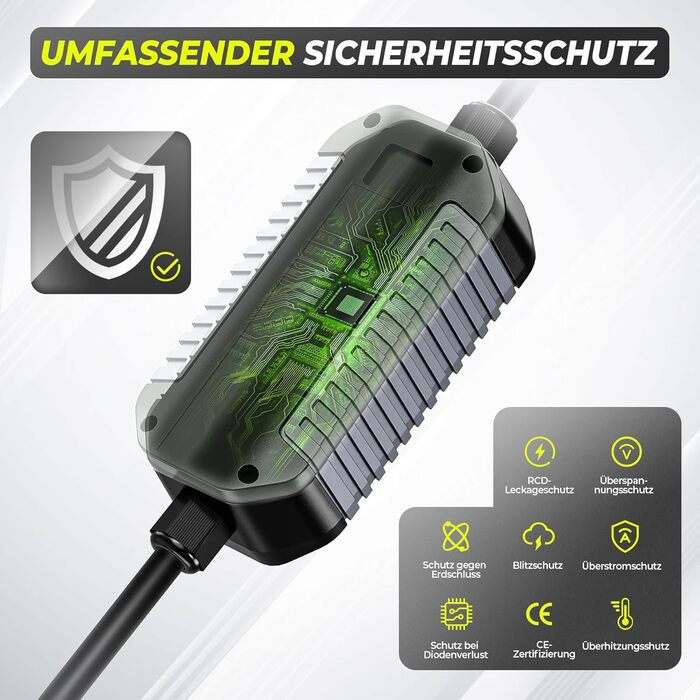 Зарядний кабель типу 2 11 кВт з вилкою CEE, 7M 6-16A 3-фазний з регульованою потужністю зарядки, мобільний настінний блок / зарядн