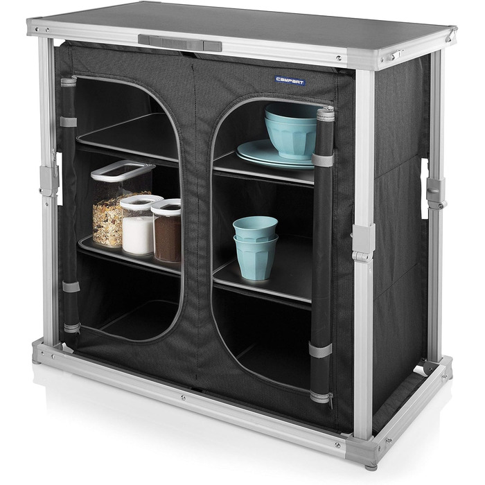 Кухня для кемпінгу Campart Toledo Легко складається 2 відділення з 3 полицями кожне 4 регульовані ніжки Антрацит KI-0758, задня, чорна 6 полиць чорного кольору