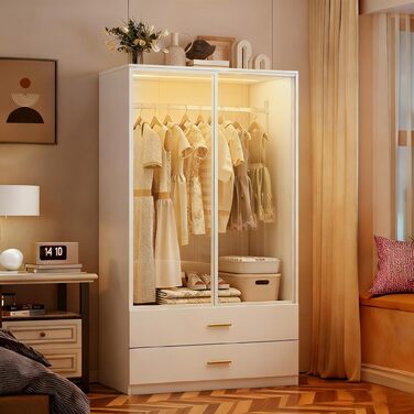 Шафа зі світлодіодним освітленням, Універсальна шафа з орними дверима та 2 дверима із загартованого скла, Скляна шафа з вішалкою для одягу, Гардеробна шафа з 2 шухлядами, Багатофункціональна шафа (Біла-1)